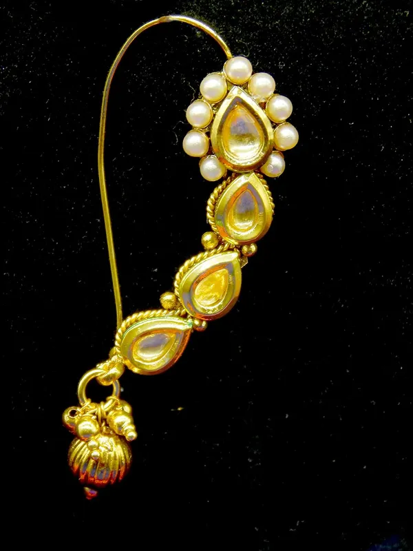 Gold_Plated_Delicate_Sparkling_American_Diamond_Embellished_Clip_On/Non-_Piercing_Nose_Ring_With_Pear_Drops_And_Beads_Chain_For_Women_Pack_Of_1