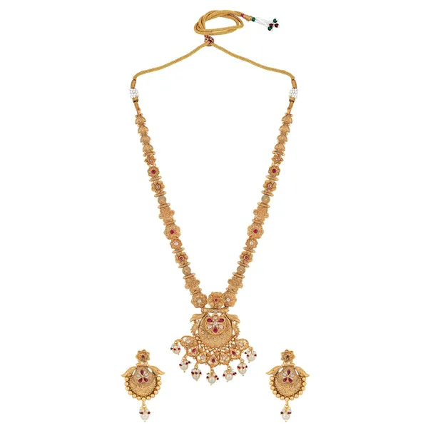Gold_Antique_Design_Inspired_Matte_Gold_Plated_Ruby_Red_Stones_And_Pearls_Embedded_Statement_Necklace_Set_With_Dangle_Earrings_For_Women_And_Girls