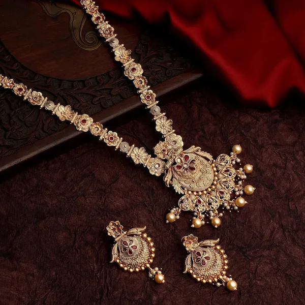 Gold_Antique_Design_Inspired_Matte_Gold_Plated_Ruby_Red_Stones_And_Pearls_Embedded_Statement_Necklace_Set_With_Dangle_Earrings_For_Women_And_Girls