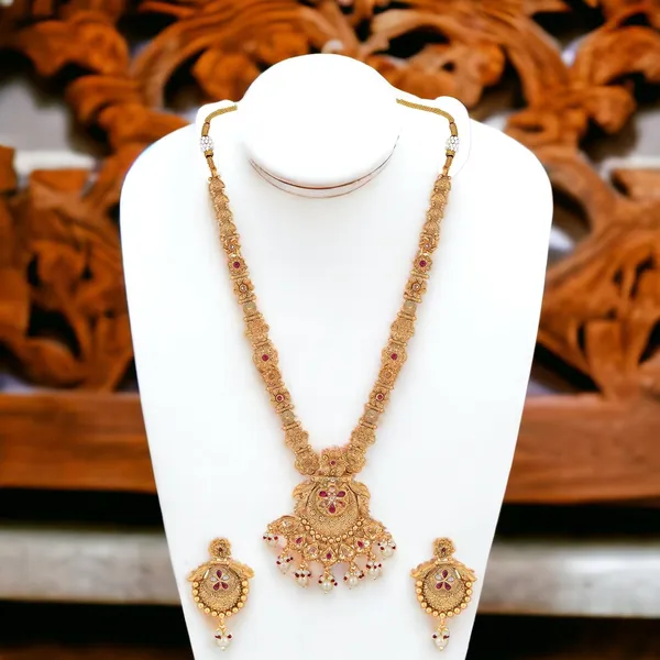 Gold_Antique_Design_Inspired_Matte_Gold_Plated_Ruby_Red_Stones_And_Pearls_Embedded_Statement_Necklace_Set_With_Dangle_Earrings_For_Women_And_Girls