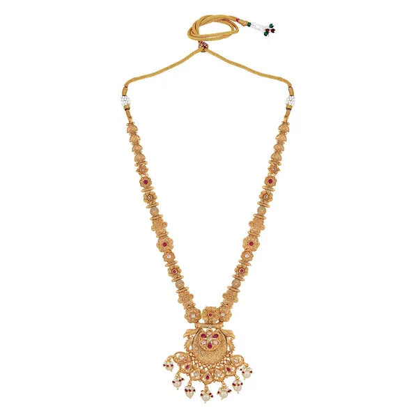 Gold_Antique_Design_Inspired_Matte_Gold_Plated_Ruby_Red_Stones_And_Pearls_Embedded_Statement_Necklace_Set_With_Dangle_Earrings_For_Women_And_Girls