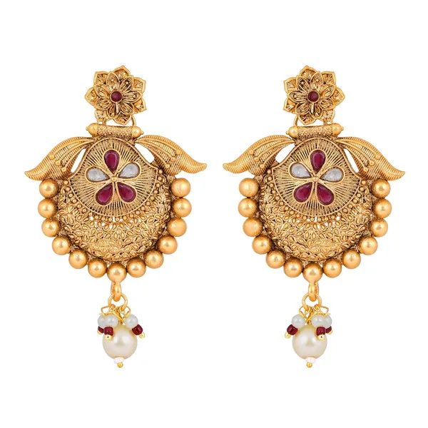 Gold_Antique_Design_Inspired_Matte_Gold_Plated_Ruby_Red_Stones_And_Pearls_Embedded_Statement_Necklace_Set_With_Dangle_Earrings_For_Women_And_Girls