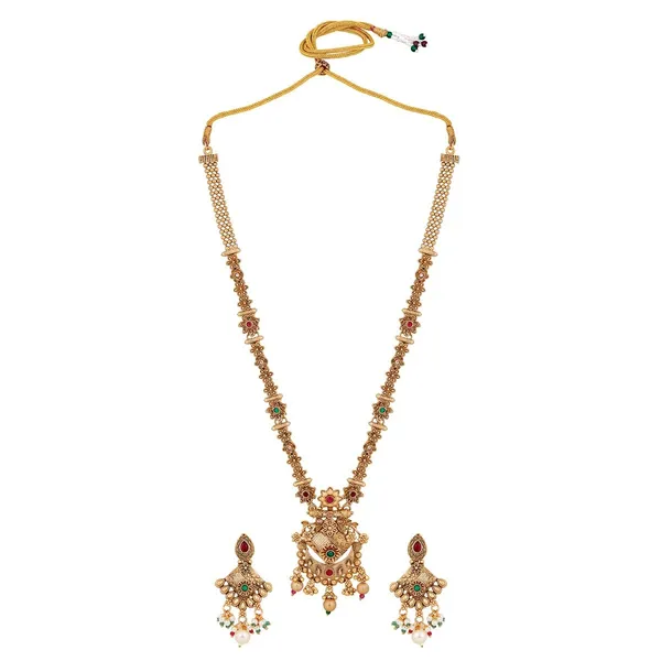 Gold_Antique_Design_Inspired_Matte_Gold_Plated_Ruby_Red_Stones_And_Pearls_Embedded_Statement_Necklace_Set_With_Dangle_Earrings_For_Women_And_Girls