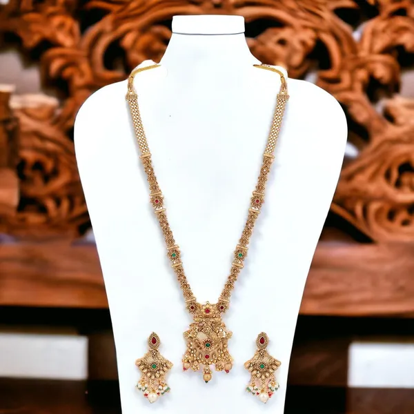 Gold_Antique_Design_Inspired_Matte_Gold_Plated_Ruby_Red_Stones_And_Pearls_Embedded_Statement_Necklace_Set_With_Dangle_Earrings_For_Women_And_Girls
