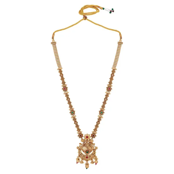 Gold_Antique_Design_Inspired_Matte_Gold_Plated_Ruby_Red_Stones_And_Pearls_Embedded_Statement_Necklace_Set_With_Dangle_Earrings_For_Women_And_Girls