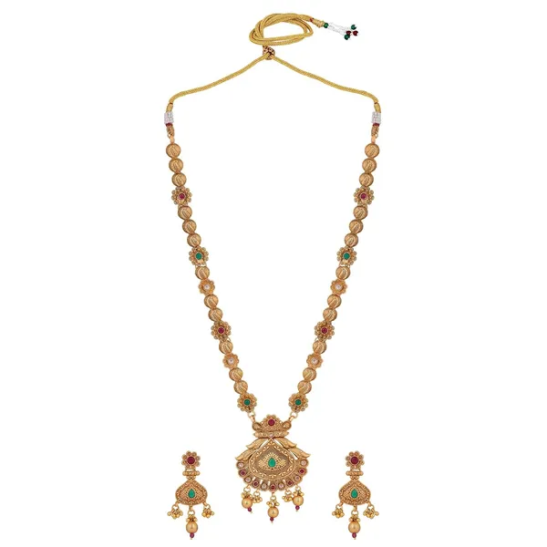 Multicolor_Antique_Design_Inspired_Matte_Gold_Plated_Ruby_Red_Stones_And_Pearls_Embedded_Statement_Necklace_Set_With_Dangle_Earrings_For_Women_And_Girls