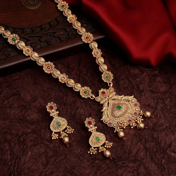 Multicolor_Antique_Design_Inspired_Matte_Gold_Plated_Ruby_Red_Stones_And_Pearls_Embedded_Statement_Necklace_Set_With_Dangle_Earrings_For_Women_And_Girls
