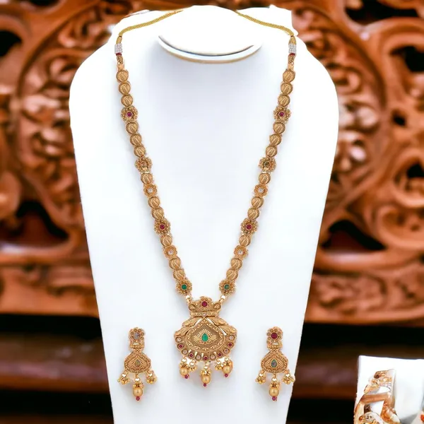 Multicolor_Antique_Design_Inspired_Matte_Gold_Plated_Ruby_Red_Stones_And_Pearls_Embedded_Statement_Necklace_Set_With_Dangle_Earrings_For_Women_And_Girls