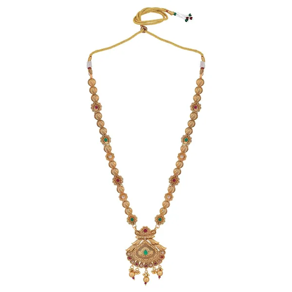 Multicolor_Antique_Design_Inspired_Matte_Gold_Plated_Ruby_Red_Stones_And_Pearls_Embedded_Statement_Necklace_Set_With_Dangle_Earrings_For_Women_And_Girls