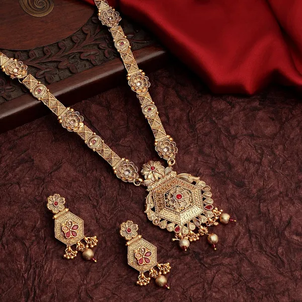 Gold_Antique_Design_Inspired_Matte_Gold_Plated_Ruby_Red_Stones_And_Pearls_Embedded_Statement_Necklace_Set_With_Dangle_Earrings_For_Women_And_Girls