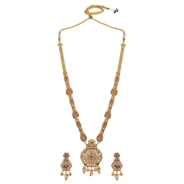 Gold_Antique_Design_Inspired_Matte_Gold_Plated_Ruby_Red_Stones_And_Pearls_Embedded_Statement_Necklace_Set_With_Dangle_Earrings_For_Women_And_Girls