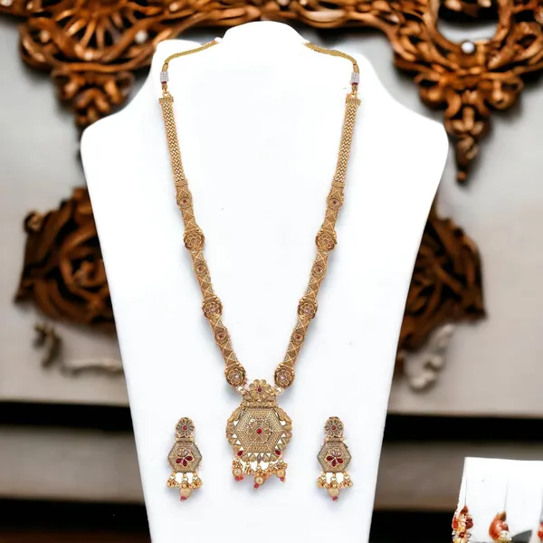 Gold_Antique_Design_Inspired_Matte_Gold_Plated_Ruby_Red_Stones_And_Pearls_Embedded_Statement_Necklace_Set_With_Dangle_Earrings_For_Women_And_Girls