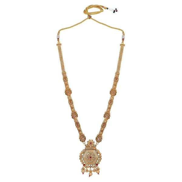 Gold_Antique_Design_Inspired_Matte_Gold_Plated_Ruby_Red_Stones_And_Pearls_Embedded_Statement_Necklace_Set_With_Dangle_Earrings_For_Women_And_Girls
