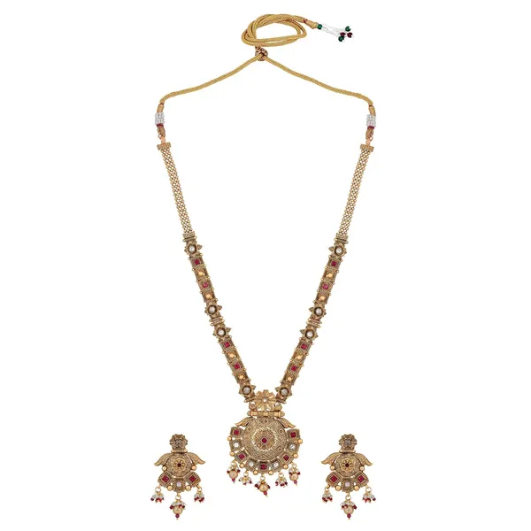 Gold_Antique_Design_Inspired_Matte_Gold_Plated_Ruby_Red_Stones_And_Pearls_Embedded_Statement_Necklace_Set_With_Dangle_Earrings_For_Women_And_Girls