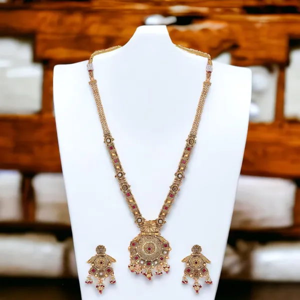 Gold_Antique_Design_Inspired_Matte_Gold_Plated_Ruby_Red_Stones_And_Pearls_Embedded_Statement_Necklace_Set_With_Dangle_Earrings_For_Women_And_Girls