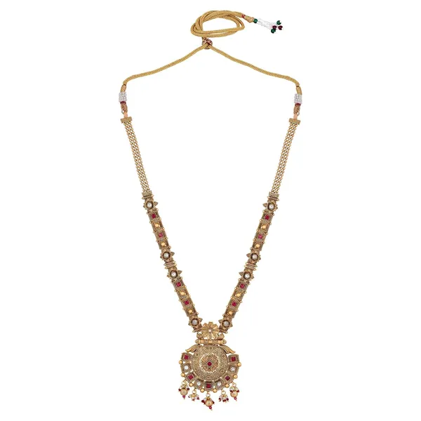 Gold_Antique_Design_Inspired_Matte_Gold_Plated_Ruby_Red_Stones_And_Pearls_Embedded_Statement_Necklace_Set_With_Dangle_Earrings_For_Women_And_Girls