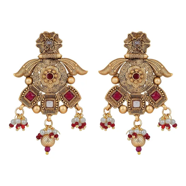 Gold_Antique_Design_Inspired_Matte_Gold_Plated_Ruby_Red_Stones_And_Pearls_Embedded_Statement_Necklace_Set_With_Dangle_Earrings_For_Women_And_Girls