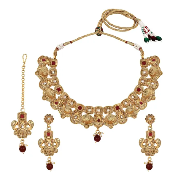 Gold_Antique_Rajwadi_Matte_Gold_Plated_Semi_-_Precious_Stones_Studded_Statement_Necklace_With_Earrings_And_Maang_Tika_For_Women_And_Girls