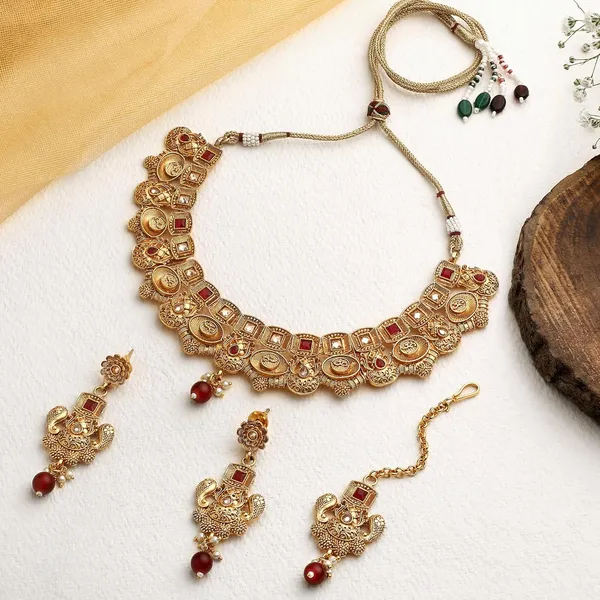 Gold_Antique_Rajwadi_Matte_Gold_Plated_Semi_-_Precious_Stones_Studded_Statement_Necklace_With_Earrings_And_Maang_Tika_For_Women_And_Girls