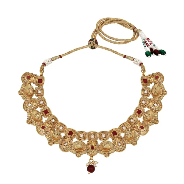 Gold_Antique_Rajwadi_Matte_Gold_Plated_Semi_-_Precious_Stones_Studded_Statement_Necklace_With_Earrings_And_Maang_Tika_For_Women_And_Girls