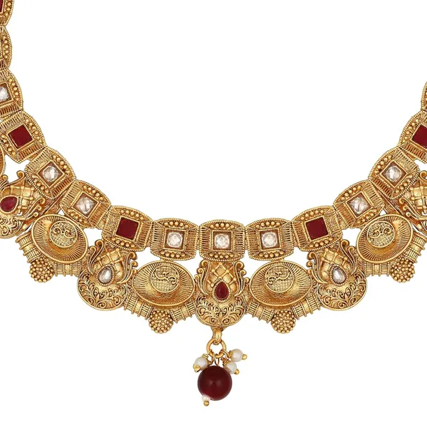 Gold_Antique_Rajwadi_Matte_Gold_Plated_Semi_-_Precious_Stones_Studded_Statement_Necklace_With_Earrings_And_Maang_Tika_For_Women_And_Girls