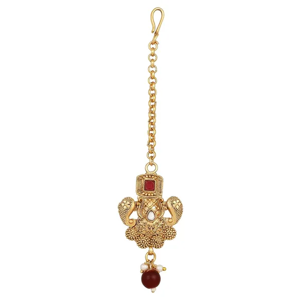 Gold_Antique_Rajwadi_Matte_Gold_Plated_Semi_-_Precious_Stones_Studded_Statement_Necklace_With_Earrings_And_Maang_Tika_For_Women_And_Girls
