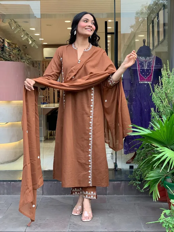 Brown_Cotton_Printed_Kurta_Set_For_Women