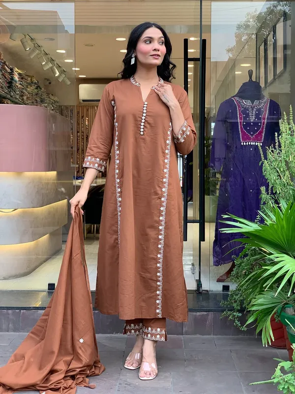 Brown_Cotton_Printed_Kurta_Set_For_Women