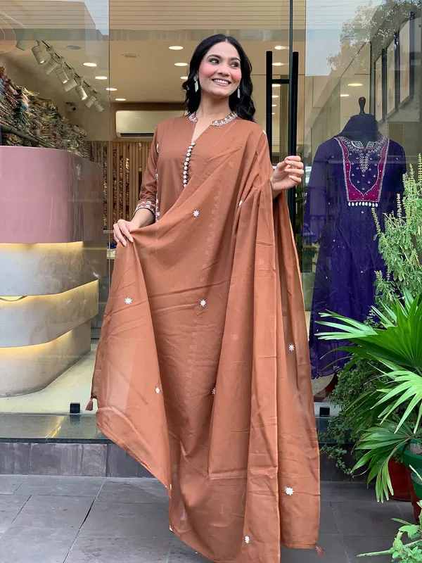 Brown_Cotton_Printed_Kurta_Set_For_Women