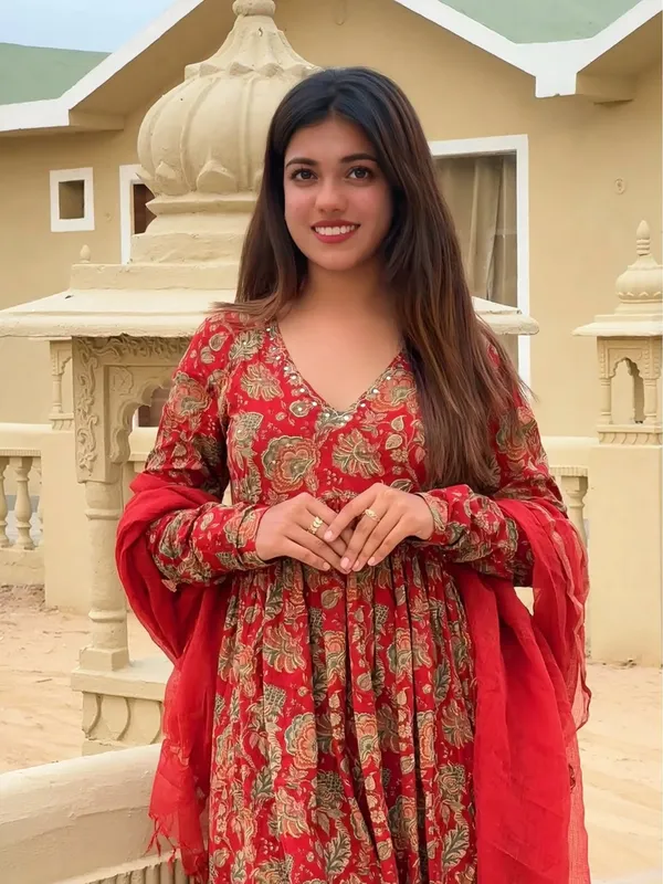 Red_Cotton_Printed_Kurta_Set_For_Women