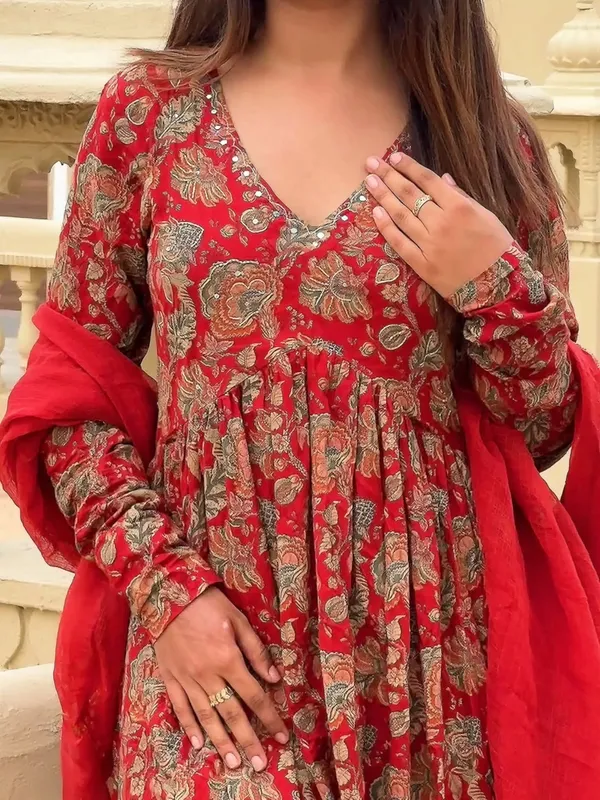 Red_Cotton_Printed_Kurta_Set_For_Women