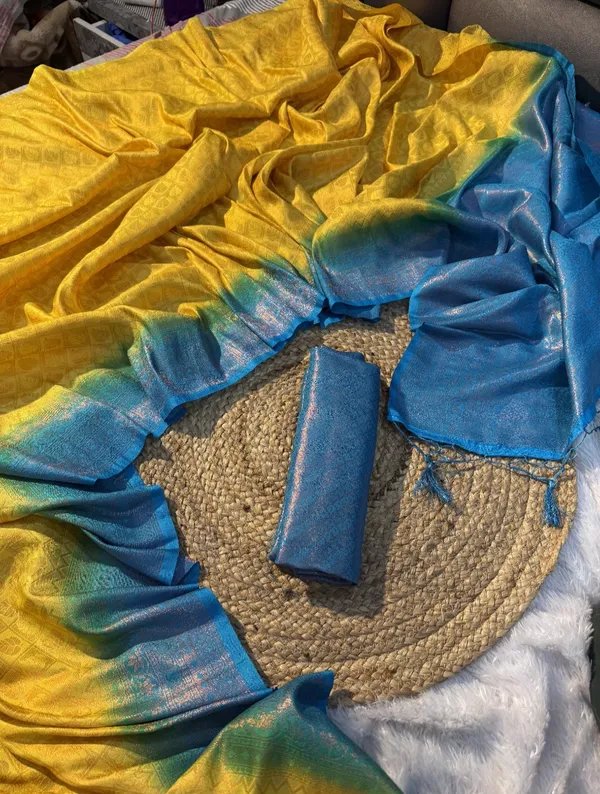 Kubera_Pattu_Yellow_and_Blue_Softy_Silk_Saree_With_Ethnic_Motif_Copper_Zari_With_Unstitched_Blouse_Piece