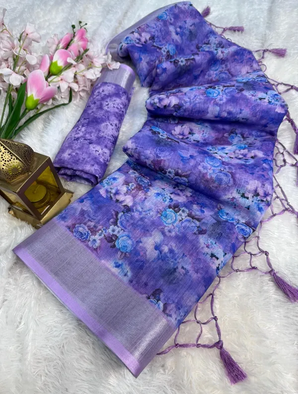 Blue_Cotton_Linen_Digital_Print_Saree_With_Unstitched_Blouse_Piece