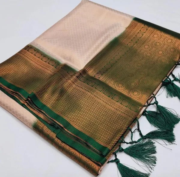 Kubera_Pattu_Off-White_and_Green_Softy_Silk_Saree_With_Ethnic_Motif_Copper_Zari_With_Unstitched_Blouse_Piece