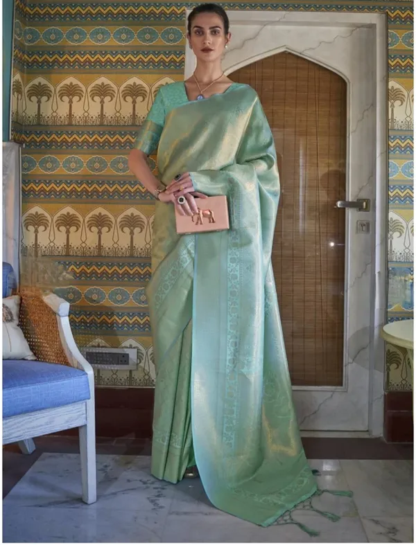Kubera_Pattu_Sea_Green_Softy_Silk_Saree_With_Ethnic_Motif_Copper_Zari_With_Unstitched_Blouse_Piece