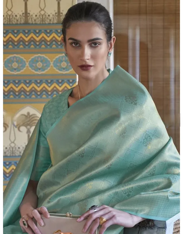 Kubera_Pattu_Sea_Green_Softy_Silk_Saree_With_Ethnic_Motif_Copper_Zari_With_Unstitched_Blouse_Piece