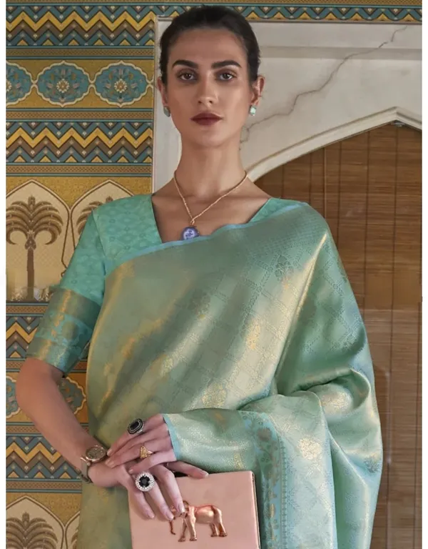 Kubera_Pattu_Sea_Green_Softy_Silk_Saree_With_Ethnic_Motif_Copper_Zari_With_Unstitched_Blouse_Piece
