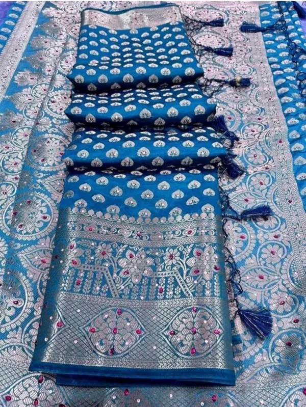Banarasi_Silk_Multicolour_Stone_Saree_with_Tassels_With_Unstitched_Blouse_Piece