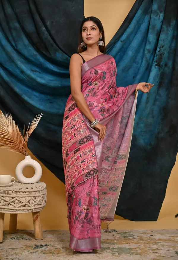 Pink_Cotton_Linen_Digital_Print_Saree_With_Unstitched_Blouse_Piece