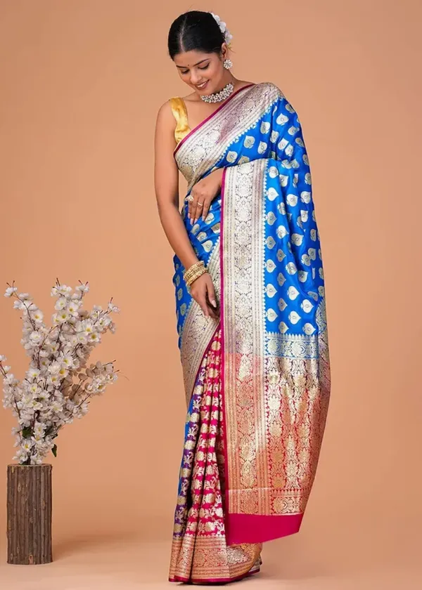 Firozi_Blue_Banarasi_Semi_Katan_Silk_Patli_Design_Saree_With_Unstitched_Blouse_Piece