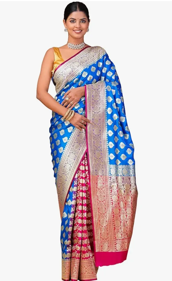 Firozi_Blue_Banarasi_Semi_Katan_Silk_Patli_Design_Saree_With_Unstitched_Blouse_Piece