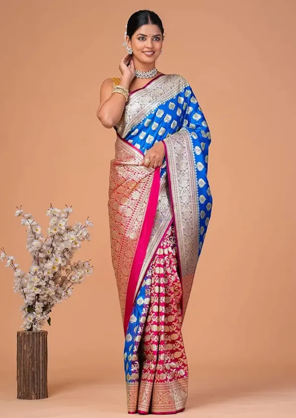 Firozi_Blue_Banarasi_Semi_Katan_Silk_Patli_Design_Saree_With_Unstitched_Blouse_Piece