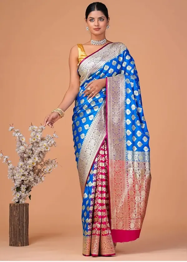 Firozi_Blue_Banarasi_Semi_Katan_Silk_Patli_Design_Saree_With_Unstitched_Blouse_Piece