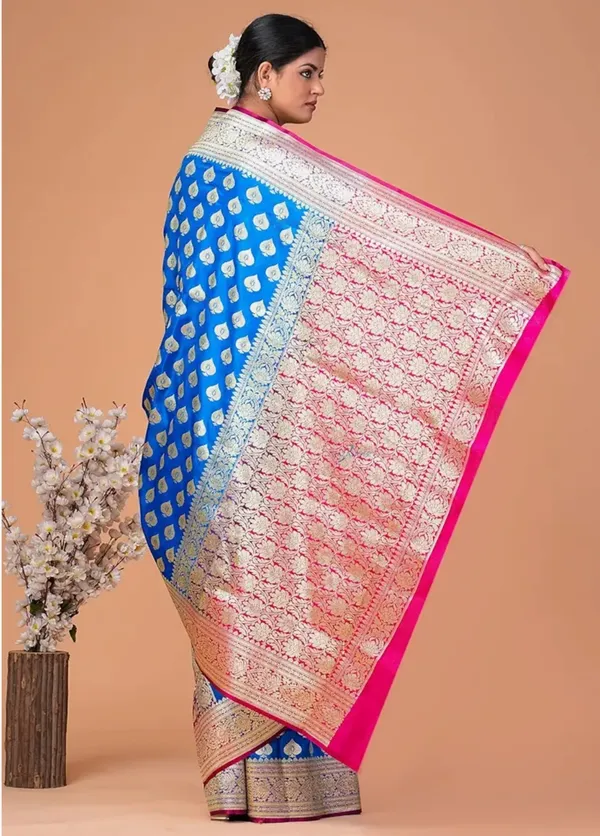 Firozi_Blue_Banarasi_Semi_Katan_Silk_Patli_Design_Saree_With_Unstitched_Blouse_Piece