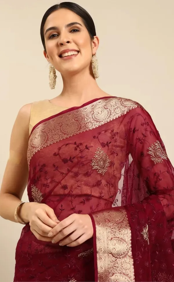 Organza_Silk_Resham_Embroidery_Saree_With_Tassels_With_Unstitched_Blouse_Piece