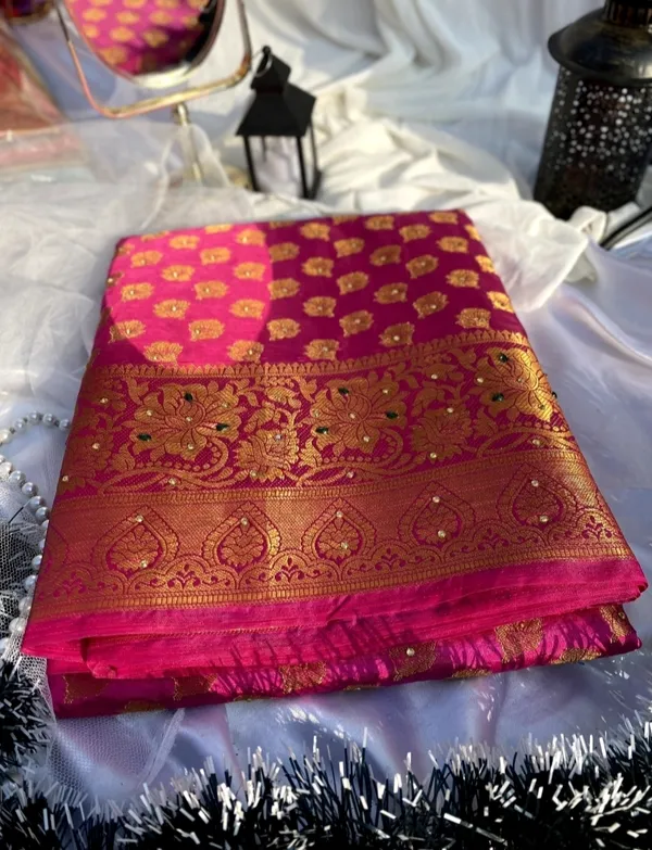 Banarasi_Silk_Multicolour_Stone_Saree_with_Tassels_With_Unstitched_Blouse_Piece