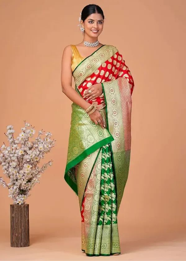 Red_Banarasi_Semi_Katan_Silk_Patli_Design_Saree_With_Unstitched_Blouse_Piece