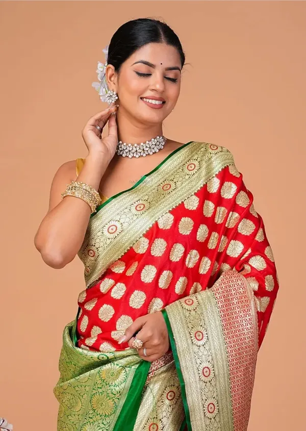 Red_Banarasi_Semi_Katan_Silk_Patli_Design_Saree_With_Unstitched_Blouse_Piece