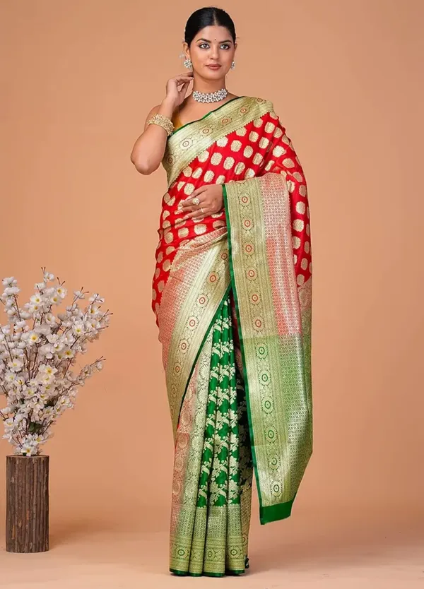 Red_Banarasi_Semi_Katan_Silk_Patli_Design_Saree_With_Unstitched_Blouse_Piece