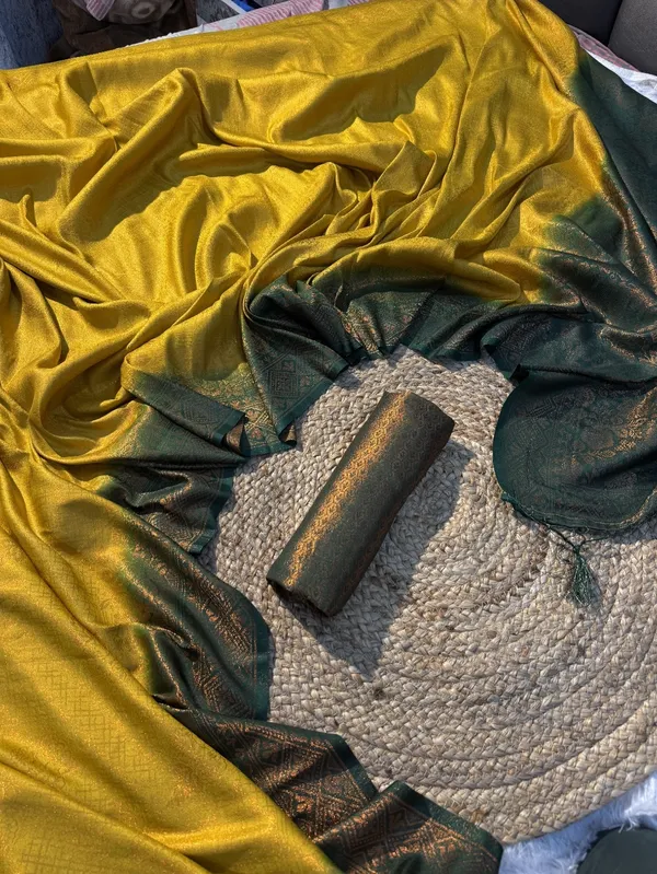 Kubera_Pattu_Yellow_and_Green_Softy_Silk_Saree_With_Ethnic_Motif_Copper_Zari_With_Unstitched_Blouse_Piece